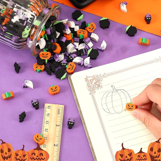 JUNEBRUSHS 150 Pcs Halloween Mini Erasers for Kids, Cute Small Erasers Bulk for Kids Trick or Treat Halloween Party Favors Goody Bag Filler Students School Decorations Classroom Rewards Prizes