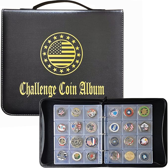 Challenge Coin Display Book Medals Holder for Collectors, 120 Pockets Large Military Coin Collecting Album with Zipper and Handle - Black