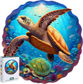 Wooden Jigsaw Puzzle 500 Pieces for Adults - Circular Sea Turtle Art Puzzle with Underwater Ocean Scene (Corals, Fish), Challenging Family Leisure Game, Unique Home Decor & Gift Idea