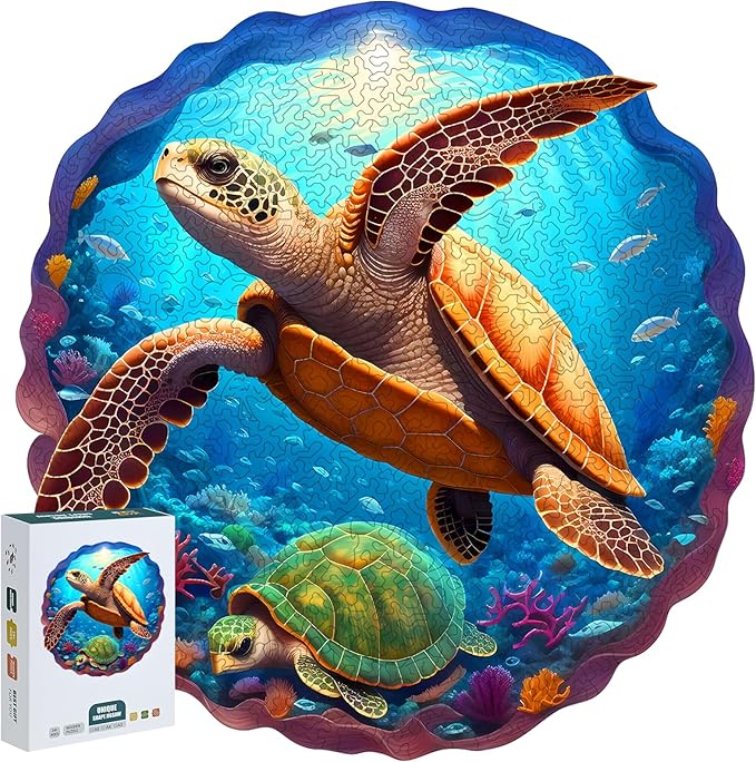 Wooden Jigsaw Puzzle 500 Pieces for Adults - Circular Sea Turtle Art Puzzle with Underwater Ocean Scene (Corals, Fish), Challenging Family Leisure Game, Unique Home Decor & Gift Idea