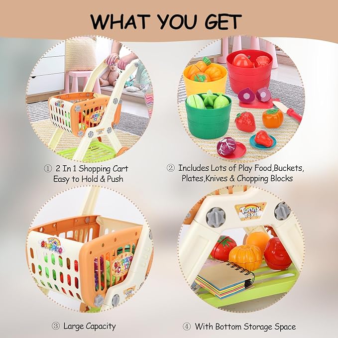 Shopping Cart with Cutting Play Food Set for Kids Kitchen, 2 in 1 Shopping Cart for Kids Grocery Store Pretend Play Kitchen Accessories Sorting Food Bucket Learning Toys Gift for Toddler 3-5