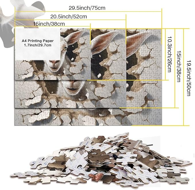 Sheep for Adults Fun Thickened Wooden Jigsaw Puzzles 1000 Piece 3D Animal Toy Intellectual Game Home Decoration Education Game Stress Relief Toy Challenge Educational 1000pcs (75x50cm)