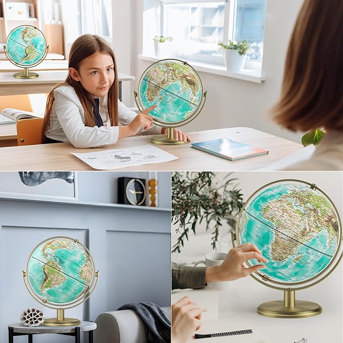 8'' World Globe with Gold Stand 720° Rotating, Kids Adults Student Geography Educational, Desk Globe Decorative Office Classroom, Unique Birthday Christmas Gifts (Elegant Turquoise)
