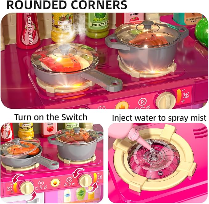 TEMI Pretend Food Kitchen Toys for Girls Age 3 4 5 6 7 8 - Kitchen Accessories Platset with Sound and Light, Cutting Food Toy, Pretend Play for Kids, Indoor Outdoor Cooking Set, Birthday Gifts 8-9