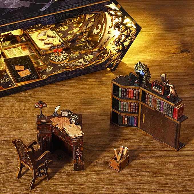 ISSEVE DIY Book Nook Kit, 3D Wooden Puzzle DIY Miniature House Kit for Booknook Shelf Insert Decoration, Magic Book House Stand Bookshelf Dollhouse for Adults with Sensor Light (Detective Agency)