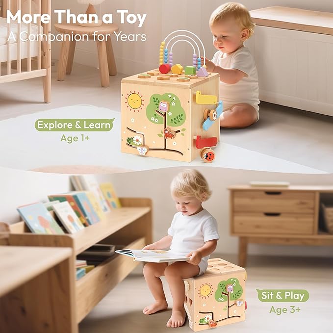 9-in-1 Wooden Activity Cube Baby Busy Board, Montessori Toys for Toddler Play Activity Center, Early Educational Toys with Shape Sorter, Abacus & Gear Toy, Sensory Gifts for Boys Girls