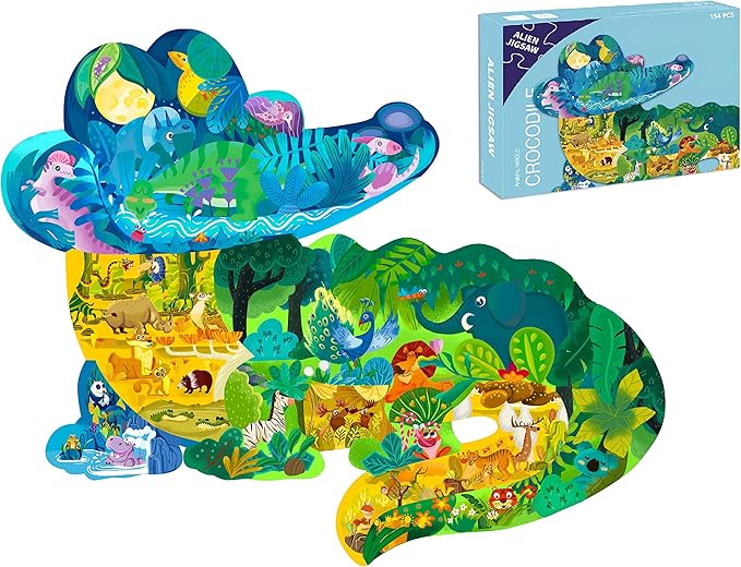 PINU Jigsaw Puzzles for Kids Ages 3-5, 6-8, 8-10, Children Colorful Fun Animal Shaped Puzzle Learning Educational Toys Gifts Games for Boys and Girls (Crocodile-154 PCS)