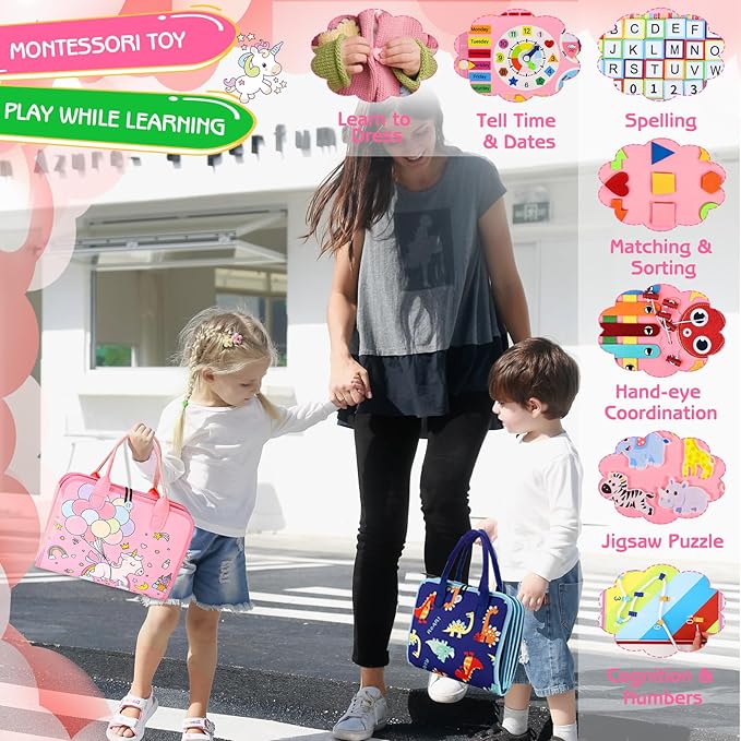 Esjay Toddler Busy Board Montessori Toys for Girls, Sensory Board Educational Activities for Learning Fine Motor Skills, Birthday Gifts for Girls Toddlers, Travel Toys for Airplane Car, Fairy Horse