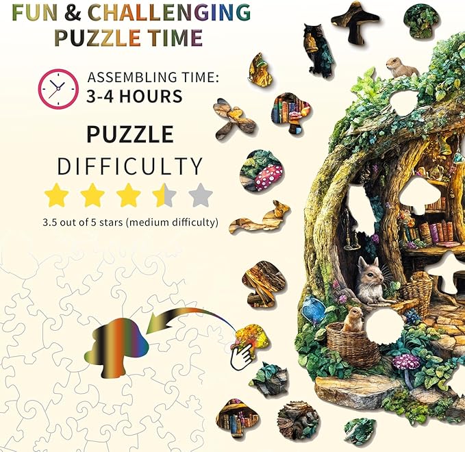 Wooden Puzzle for Adults,Unique Shape Advanced Forest Mushroom House Wooden Jigsaw Puzzle, Gifts for Craft Lovers & Friends, Home Decor.（11.4 * 11.3in 195pcs）