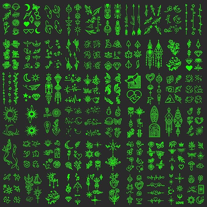Luminous Temporary Tattoos for Adults, 60 Sheets Glow In The Dark Fake Tattoos for Face Hands, Lines Flowers Stars Moon Bohemian Design
