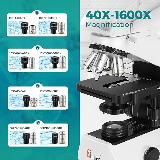 Sinher XSZ-2108A Professional lab Compound Binocular microscopes 40X-2000X Magnification for Kids Students Adults School Lab Home Education with Microscope Slides Set.