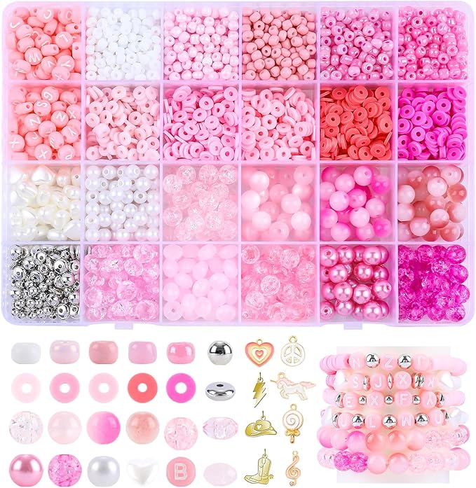 3500Pcs Heishi Bead ，Pink Beads Bracelet Making Kit ，6 Kinds of Unique Pink Glass Seed Bead Friendship Bracelet Beads for Jewelry Making