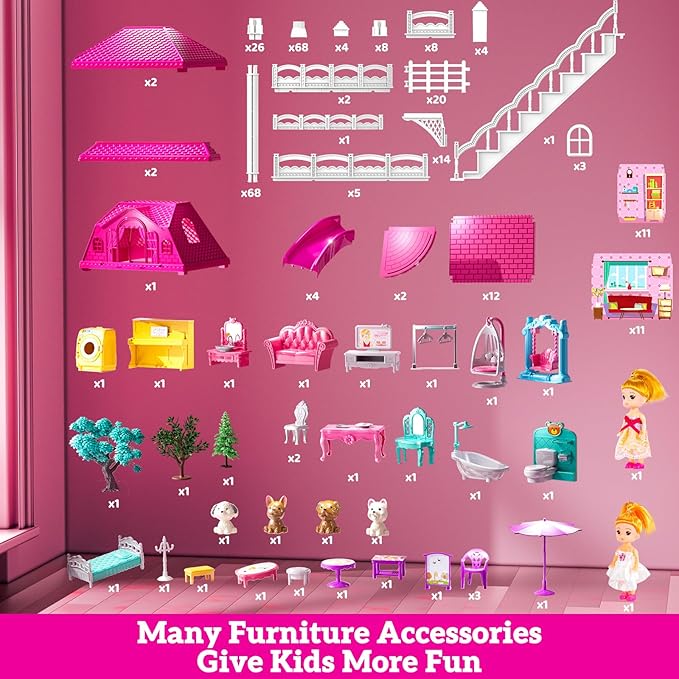 Villa Playset for Girls Ages 3-7, Indoor Playset Girls Toys for Ages 6-8 with 4 Storeys 11 Rooms 2 Dolls, Furniture and Accessories, Pretend Toddler Toy, Birthday Gifts for Kids 3 4 5 6 7 8