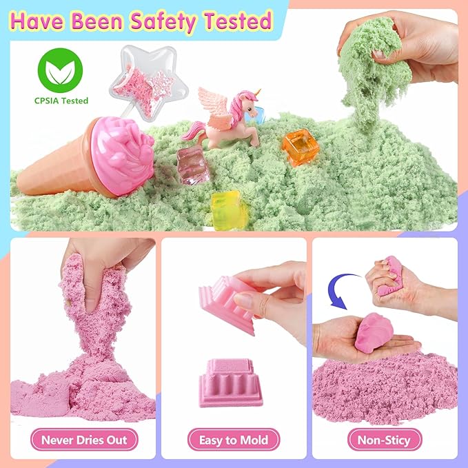 Unicorn Sensory Sand Bin Kit for Girls, Magic Art Unicorn Castle Ice Cream Molds, 2.2lbs Colorful Play Sand, Tools Sandbox with Lid – Great Christmas Birthday Magic Sand Gift for Toddlers 3 4 5 6 7 8