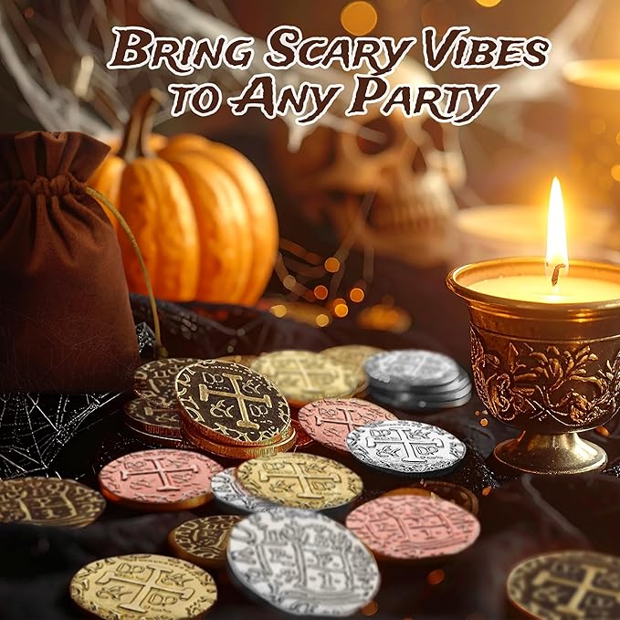 Large Metal Pirate Coins - 35 Gold Treasure Coin Set, Metal Replica Spanish Doubloons for Pirate Party Decorations & Favors, Tokens, Toys, Cosplay - Pirate Treasure Chest, Size 1.18"