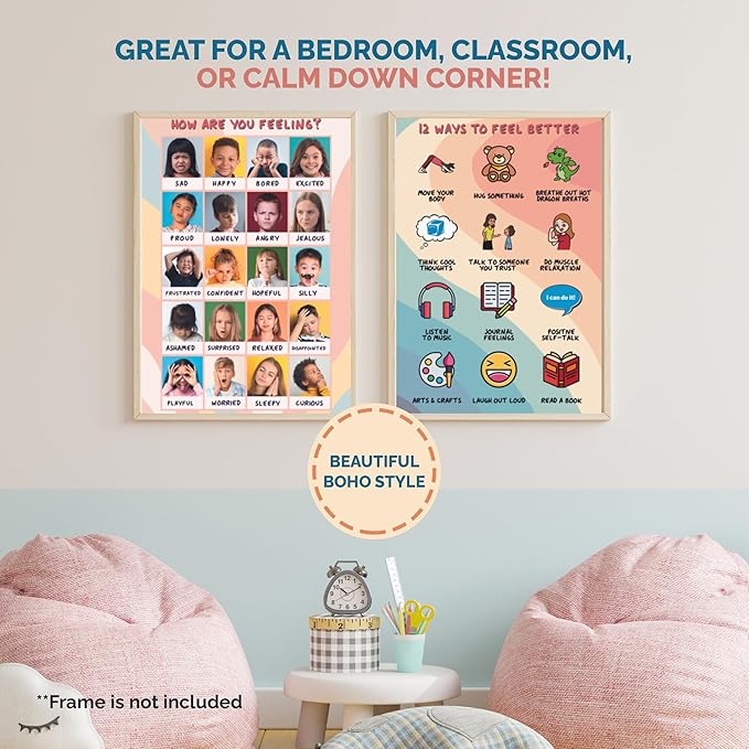 2 Laminated Feelings Posters for Kids - English & Spanish - Calm Down Corner Supplies - Therapy & School Counselor Supplies - Emotions Posters for Home and Calming Corner Classroom
