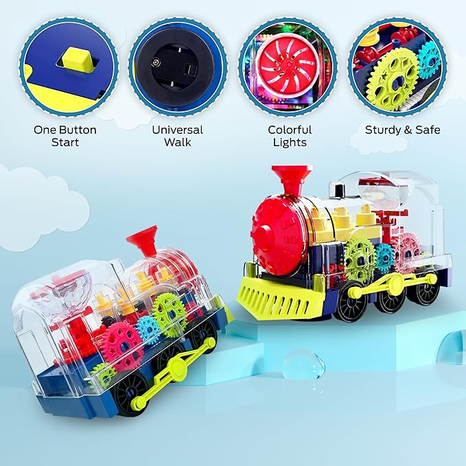 Light up Baby Train Toy - Transparent Gear Musical Train with LED Lights & Music - Educational Sensory Crawling Toys for Infants and Toddlers for Boys & Girls