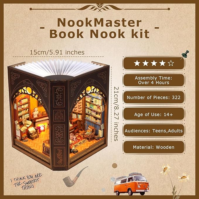 Book Nook Kit with LED Light,Beautiful Bookshelf Décor,Ideal Craft Gift for Adults & Teens for Birthdays, Halloween, and Christmas.