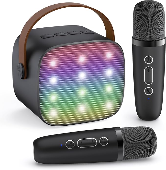 Mini Karaoke Machine with 2 Wireless Microphones for Kids Adults, Portable Bluetooth Speaker, Popular Gift for 3, 4, 5, 6, 7, 8, 9, 10, 11, 12, 13+ Years Old Teens Birthday for Boys Home(Black)