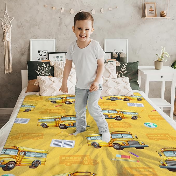 Boys Blanket School Bus Throw Blankets Gift for Kids Adults Birthday - 50x60 Inches Comfy Lightweight All Season Decor Throw for Sofa Couch Bed Office