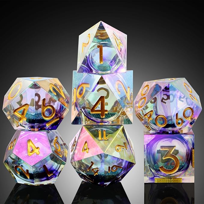 Iridescent Plating Glitter Liquid Core Sharp Dice, DNDND Handmade DND Resin Sharp Edge D&D Die with Gorgeous Gift Case for Dungeons and Dragon Tabletop Games (Iridescent Plating Liquid Core)