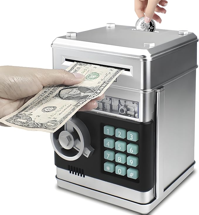 Piggy Bank Electronic Mini ATM for Kids Toy, Safe Money Saving Box Coin Banks Password Code Lock for 3-14 Years Old Kids, Boys Girls Ideal Gift (Silver)