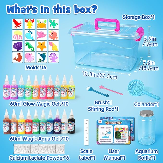 Mocoosy 20 Color Glow in The Dark Magic Water Elf Toy Kit for Kids, Aqua Fairy Water Gel Kit with Magic Gel & Squishy Molds, Make Your Own Squishy Toys & Water Pets, DIY Aqua Art Crafts Birthday Gifts