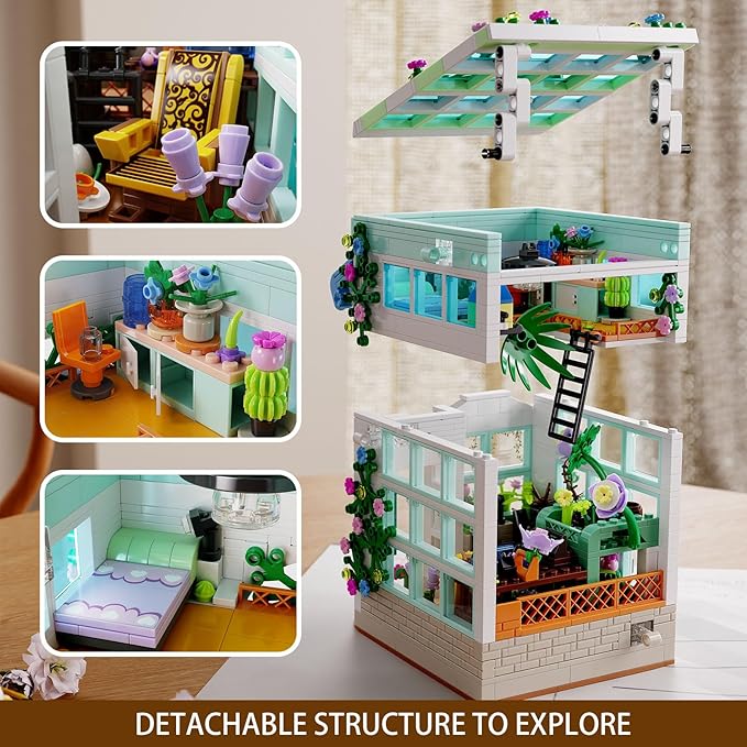 Flower House Building Set with LED Light, 1077 PCS Greenhouse Model Building Toy with Flowers Potted Plants, Garden House Book Nook Home Decor Birthday Gift for Adults Teens Girls Age 8-12