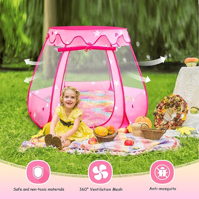 Princess Castle Girls Play Tent with Rainbow Rug Star Lights Pop Up Play Tent for Toddlers Kids DISHIO Playhouse Toys for 1,2,3 Years Birthday Gifts Fairy Girls Tent with Mat Indoor Outdoor Kids Play