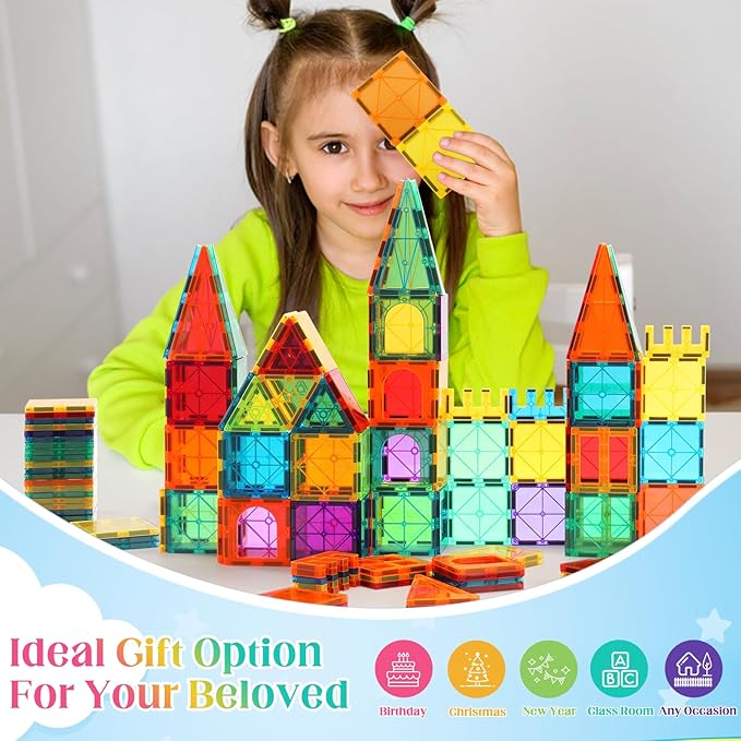 104PCS Magnetic Building Tiles, STEM Educational Stacking Blocks, Construction Toys for Kids Ages 3-9, Creative Toddler Boy Girl Christmas Birthday Gift