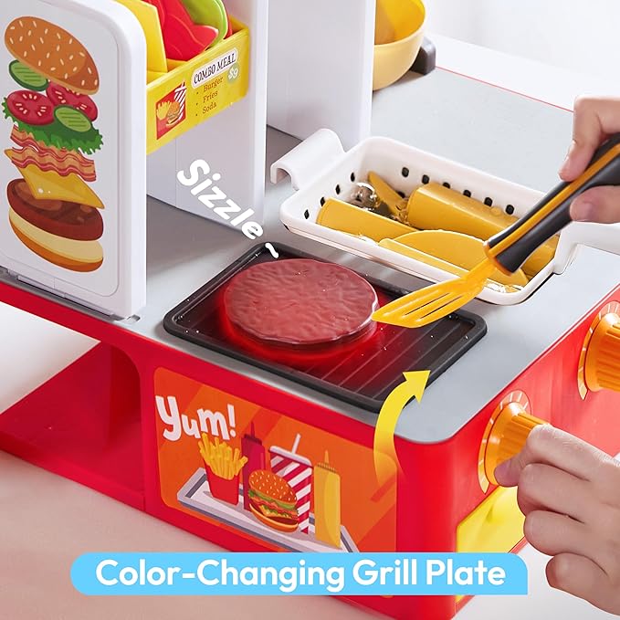 Restaurant Play Set Toy - 40+ PCS Fast Food Playset with Potato Cutter, Simulated Frying Effect & Lights, Order, Card & Drink Station - Interactive Role Play Toy Birthday Gift for Boys Girls