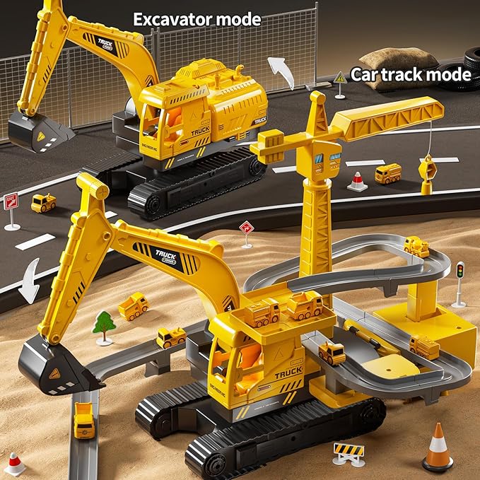 Construction Excavator Toys for Boys 3-5 Year Old - Engineering Digger Race Tracks with Excavator Crane, Car Sand Toys with Light Sound, Birthday Gifts for Toddlers Boys Girls Age 3 4 5 6