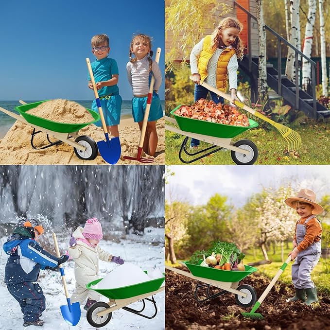 Kids Wheelbarrow Set with Gardening Tools Outdoor Backyard Garden Play for Toddlers Boys Girls 3-8, with Shovel, Rake, Leaf Rake, Easter Birthday Gifts (Green Garden Set)