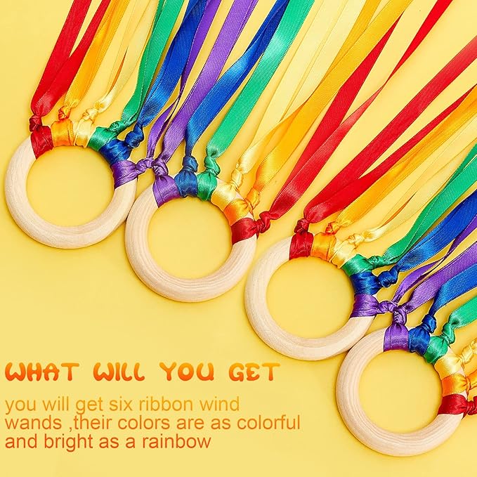 Sumind 6 Pcs Rainbow Ribbon Hand Kites Wands for Kids Dancer Streamer String Toy Thrown Waldorf Wand with Wooden Ring Wand Learning Educational(Vivid Colors)