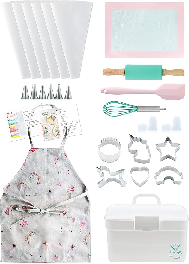 Tovla Jr. Kids Baking Gift Set with Storage Case - Unicorn Baking Gift Set for Kids-Real Cooking Utensils for Cookie, Cupcakes and Decorating