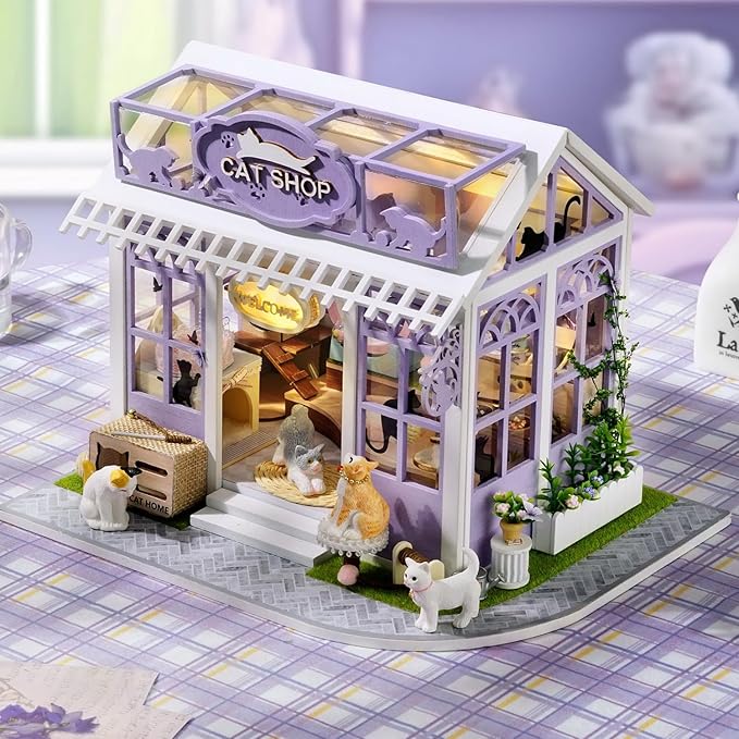 TuKIIE DIY Miniature House Kit with Furniture, 1:24 Scale Creative Room Mini Wooden Dollhouse Book Nook Plus Dust Proof & Music Movement for Kids Teens Adults(Cat Shop)