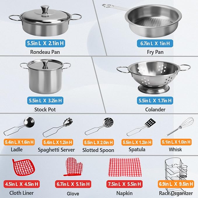 95PCS Kids Pretend Play Kitchen Toys Accessories, Kids Kitchen Playset, Stainless Steel Cookware Pots and Pans Cooking Toys, Pretend Cutting Play Food Set