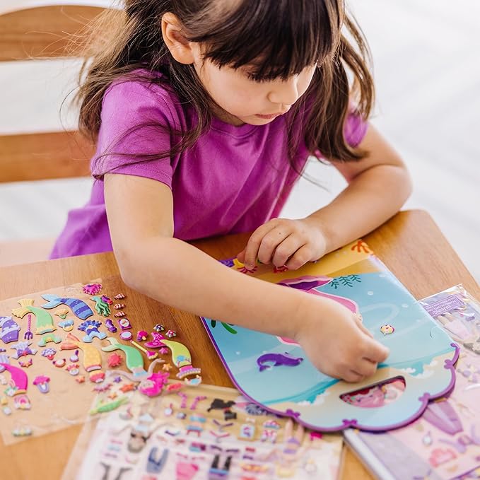 Melissa & Doug Puffy Sticker Activity Books Set of 3 – Dress-Up, Princess & Mermaid, with 208 Reusable Stickers and Fold-Out Scenes, Mess-Free Travel Toys for Kids Ages 4+ - FSC Certified