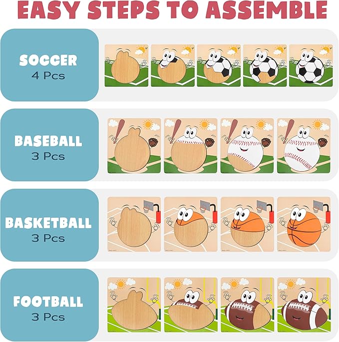 Wooden Sports Puzzles for Toddlers 2-4 | Wood Puzzles for Kids, Toddler Sports Toys for Toddlers, Basketball Toy, Football Toys, Baseball Toy, Soccer Toddler 2 3 Year Old Boy