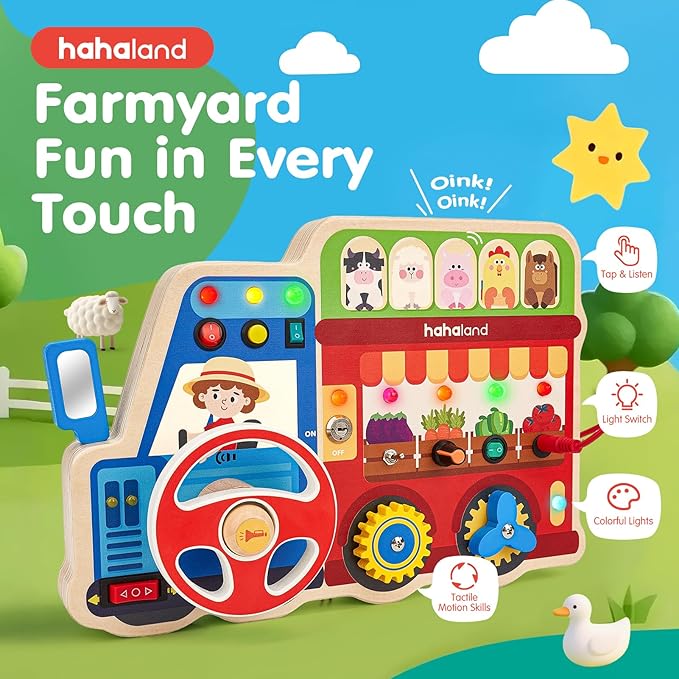 hahaland Montessori Busy Board for Toddlers 3-5, 18-in-1 Wooden Sensory Activity Board with LED Lights & Switches, Educational Montessori Toy for Fine Motor Skills, Travel & Birthday