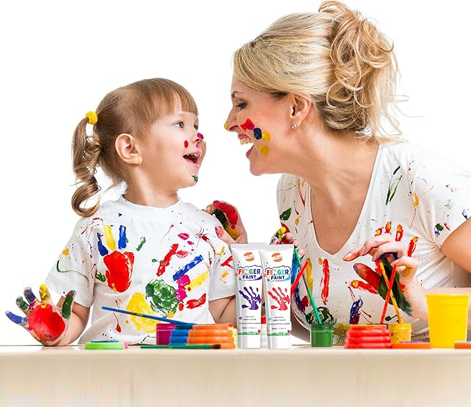 Early Learning Kids Paint Kit Washable Finger Paints with Assorted Painting Brushes Stamps Sponges Palette for Toddlers Children Crafts Drawing Gift Age 3+