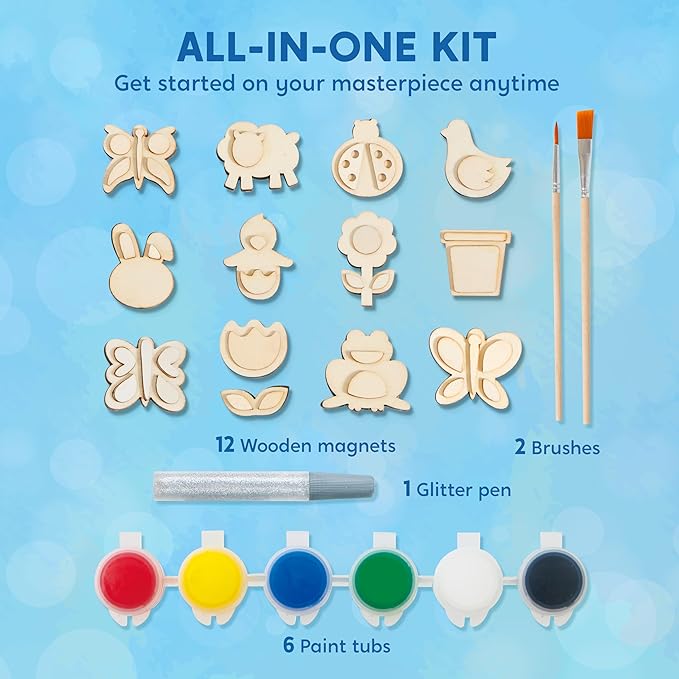 JOYIN 12 Wooden Magnet Creativity Arts & Crafts Painting Kit for Kids, Decorate Your Own Painting Gift for Halloween Crafts, Birthday Parties and Family Crafts, Party Favors for Boys Girls