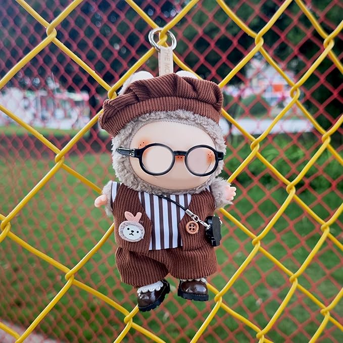17cm Doll Clothes Set, Cute Boy Outfits for Clothes and Glasses, 7 PCS Cute Hat & Overalls Set Stylish Outfits Exquisite Accessories