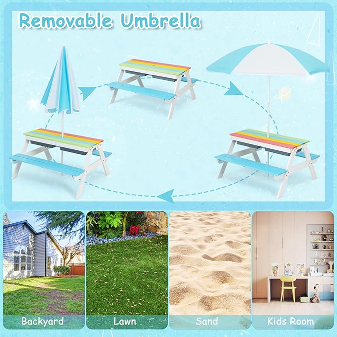 Costzon Kids Picnic Table with Sensory Bins, 4 in 1 Sand and Water Table with Height Adjustable Umbrella, Removable Tabletop for Outdoor Backyard Patio Play