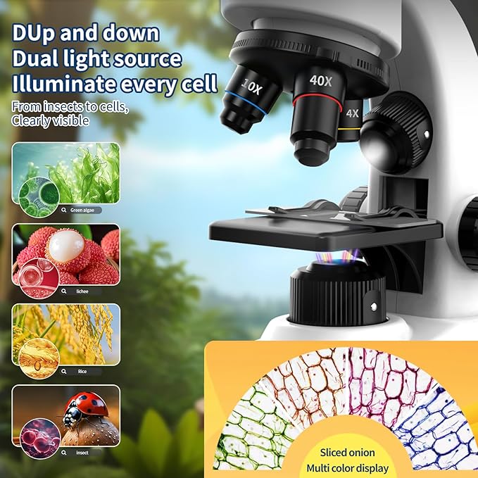 Microscope for Kids Scientific Experiment Kit 40X-1600X Magnification LED Light Educational STEM with Slides and Lab Tools Ages 6-12 (White)