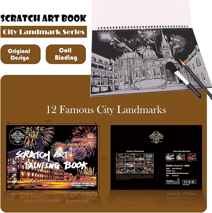 Scratch Art Book for Adults - 12PCS Scratch Painting Foil Art for Adults Scratch City Series Books Foil Engraving Scratch Art Adult Set with 6 Tools