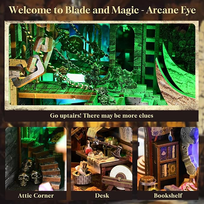 Book Nook Kit, DIY Miniature Dollhouse Booknook Kit, 3D Wooden Puzzle Bookend Bookshelf Insert Decor with LED Light for Teens and Adults (Blade and Magic)