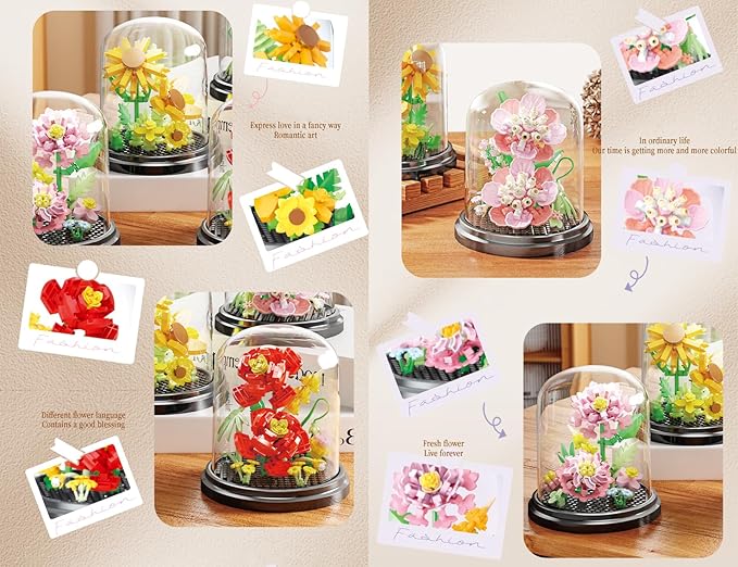 Rose Love Home Bouquets Dust Cover Set Building Toy Creative Assembly Bonsai Tree, Ideal for Valentine's Anniversaries Birthday
