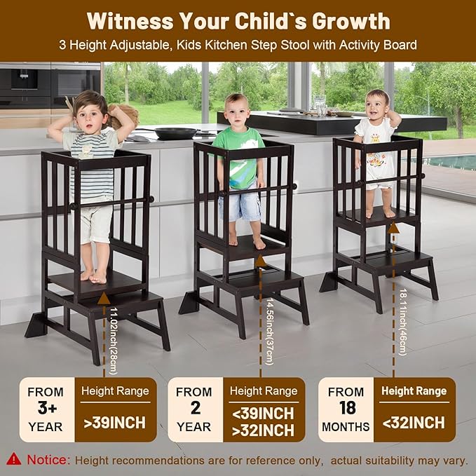 COSYLAND Toddler Standing Tower - Adjustable Height Toddler Kitchen Stool Helper - Kids Kitchen Step Stool for Learning with Removable Safety Railing Black Walnut Color