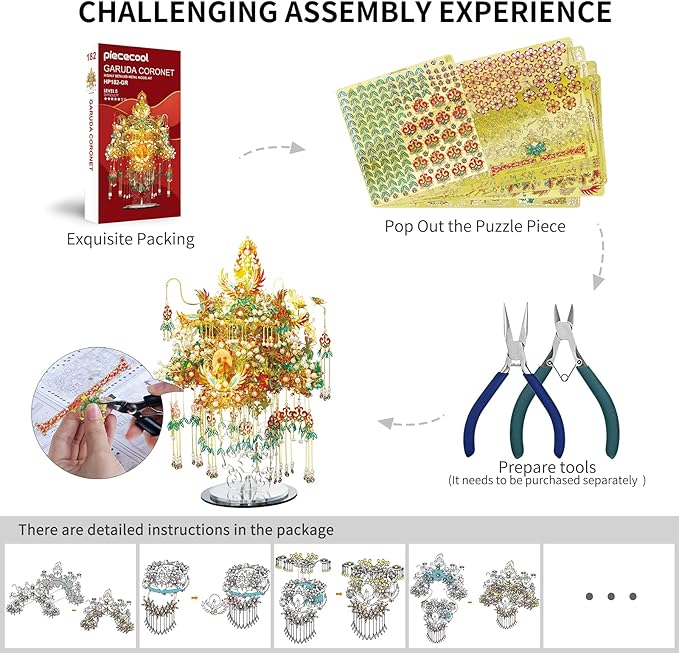 Piececool 3D Metal Asian Puzzles Model Kits- Garuda Coronet Metal Building Kit for Adults, Brain Teaser Puzzle DIY Handcraft Model Kits, Fidget 3D Puzzles Gifts for Teens Man Woman Family- 522 Pcs
